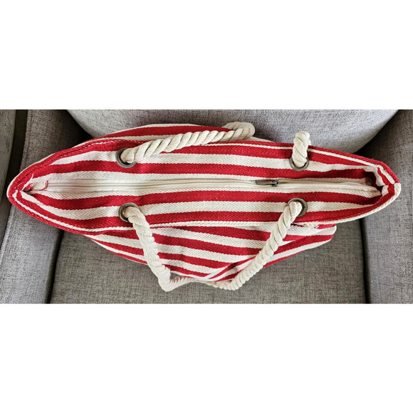 Weekender Beach Red Cream Striped Tote Bag Rope Handle 19in x 14.5in Nautical - Picture 5 of 10